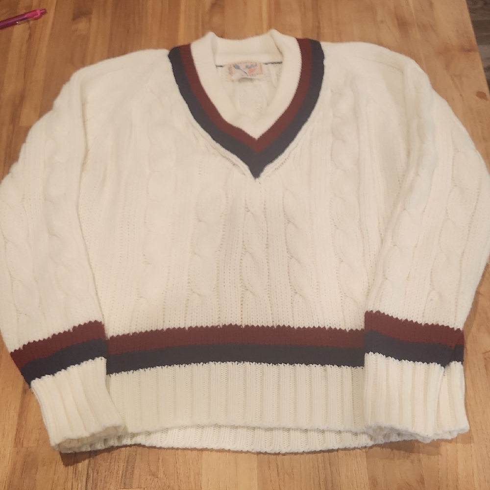 Vintage White Tennis Sweater with Red and Blue Accents